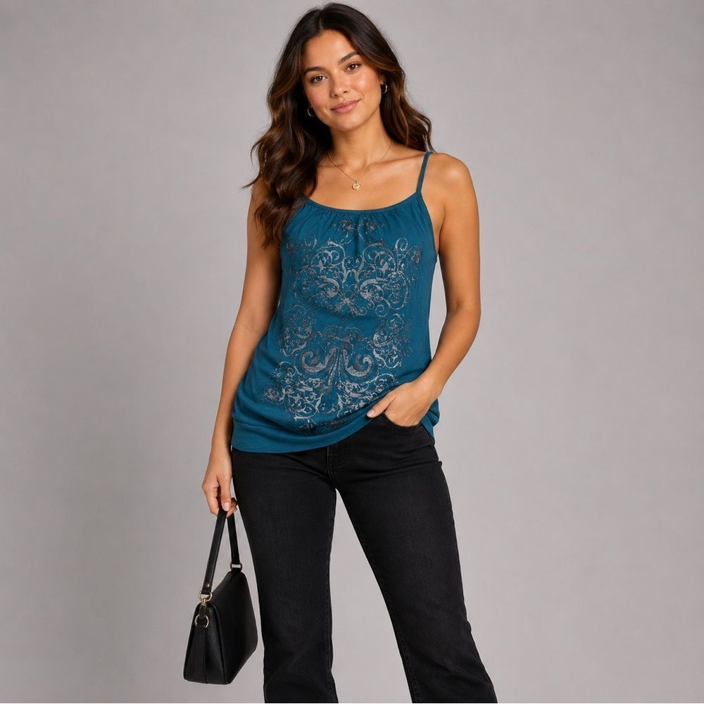 mandee Teal Silver Paisley Spaghetti Strap Cami Blouse Round Neck Open Sides L